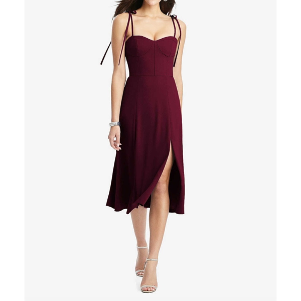 Dessy Collection Bustier Crepe Midi Dress‎ in Cabernet Red